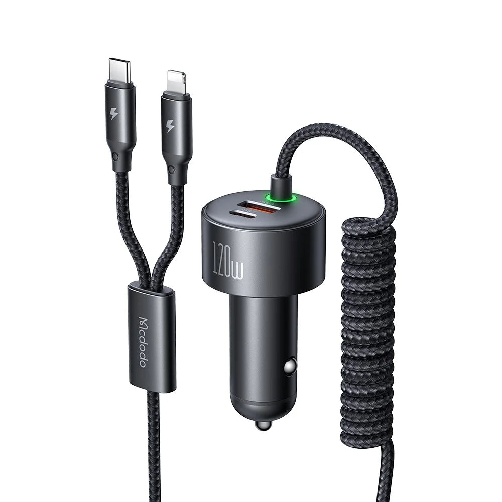 MCDODO CC-037 120W Dual Port Car Charger Fast Charging Spring Cable Charger with USB-C  /  iP Cables - 1