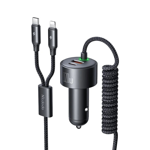 MCDODO CC-037 120W Dual Port Car Charger Fast Charging Spring Cable Charger with USB-C  /  iP Cables - 1