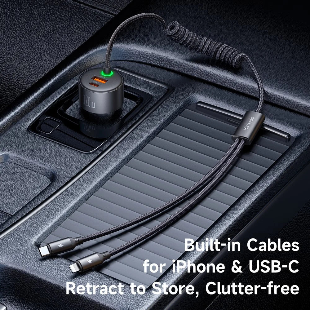 MCDODO CC-037 120W Dual Port Car Charger Fast Charging Spring Cable Charger with USB-C  /  iP Cables - 5