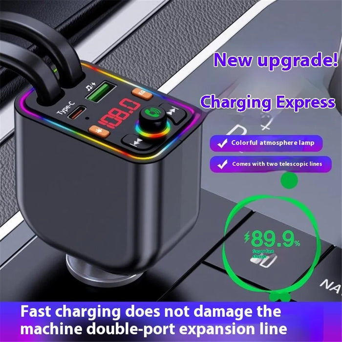 Y6 Car Charger MP3 Player with Retractable Type C + iP Cable EQ Adjustment Bluetooth-Compatible FM Transmitter - 2