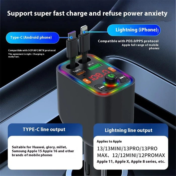 Y6 Car Charger MP3 Player with Retractable Type C + iP Cable EQ Adjustment Bluetooth-Compatible FM Transmitter - 3