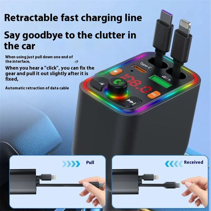 Y6 Car Charger MP3 Player with Retractable Type C + iP Cable EQ Adjustment Bluetooth-Compatible FM Transmitter - 4
