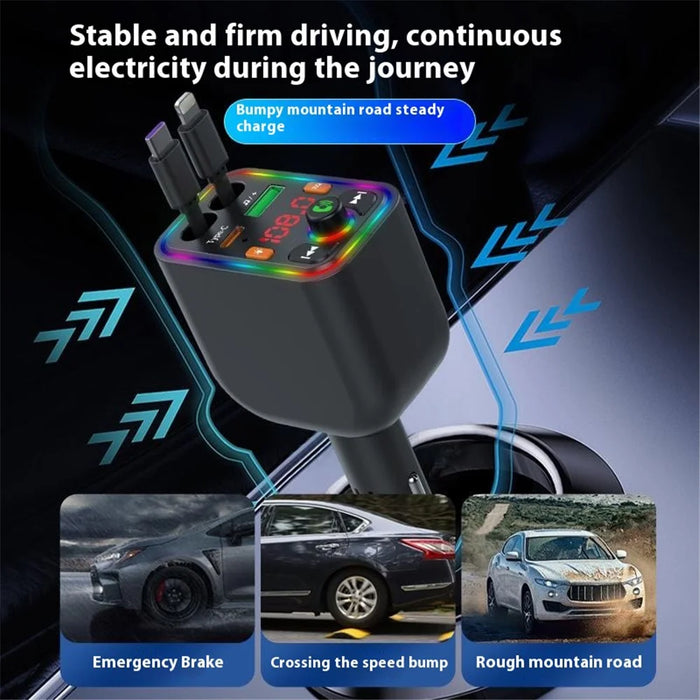 Y6 Car Charger MP3 Player with Retractable Type C + iP Cable EQ Adjustment Bluetooth-Compatible FM Transmitter - 5