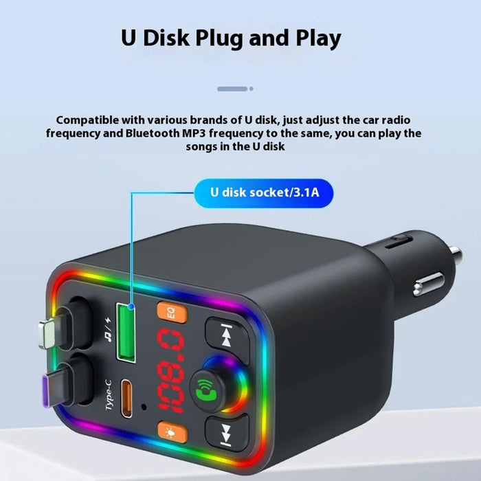 Y6 Car Charger MP3 Player with Retractable Type C + iP Cable EQ Adjustment Bluetooth-Compatible FM Transmitter - 6