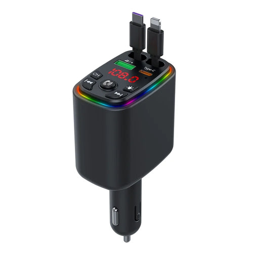 Y9 Voltage Display Car Charger MP3 Player with Retractable Type C + iP Cable Bluetooth-Compatible FM Transmitter - 1