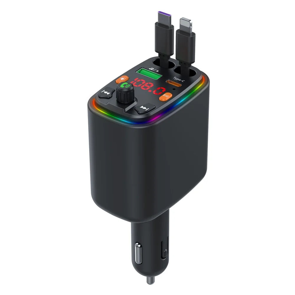 Y10 Car Charger FM Transmitter Bluetooth-Compatible MP3 Player with Retractable Type C + iP Cable - 1