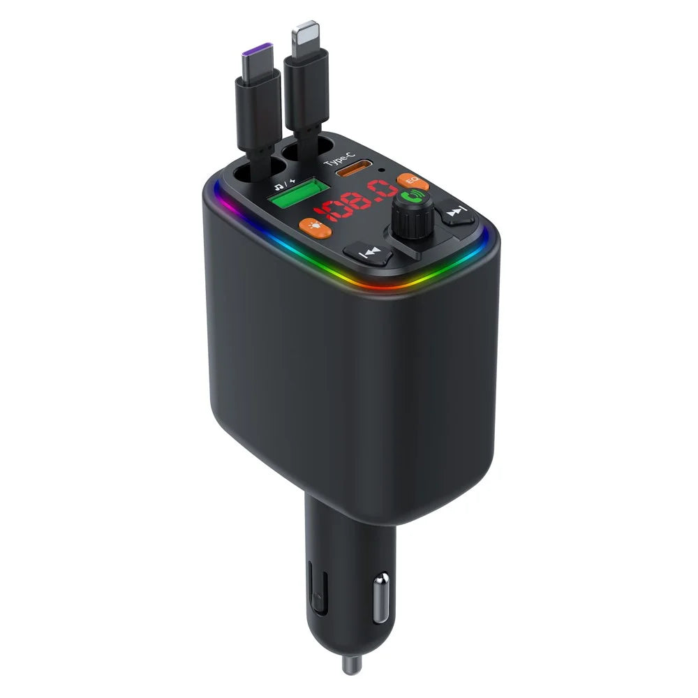 Y10 Car Charger FM Transmitter Bluetooth-Compatible MP3 Player with Retractable Type C + iP Cable - 2