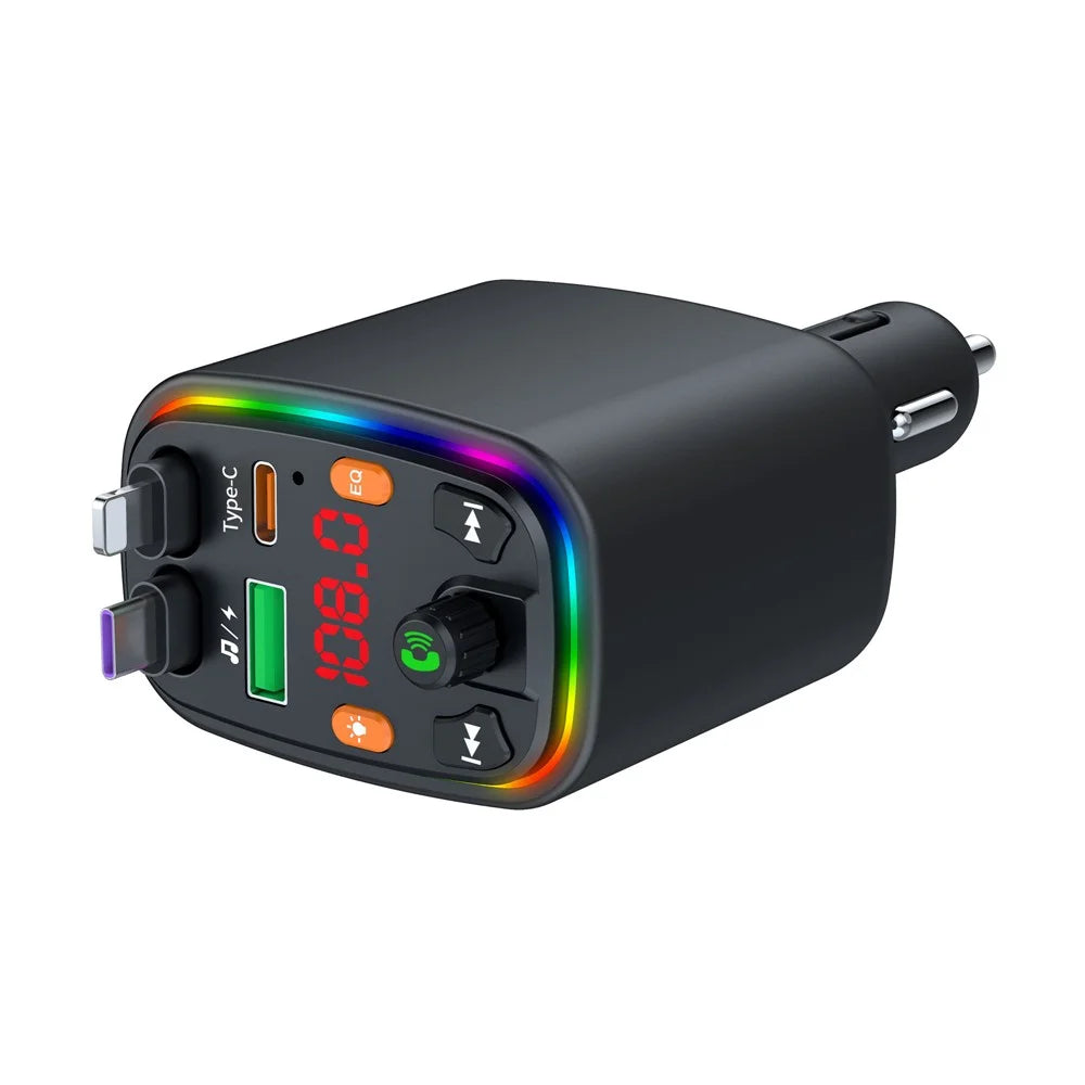 Y10 Car Charger FM Transmitter Bluetooth-Compatible MP3 Player with Retractable Type C + iP Cable - 4