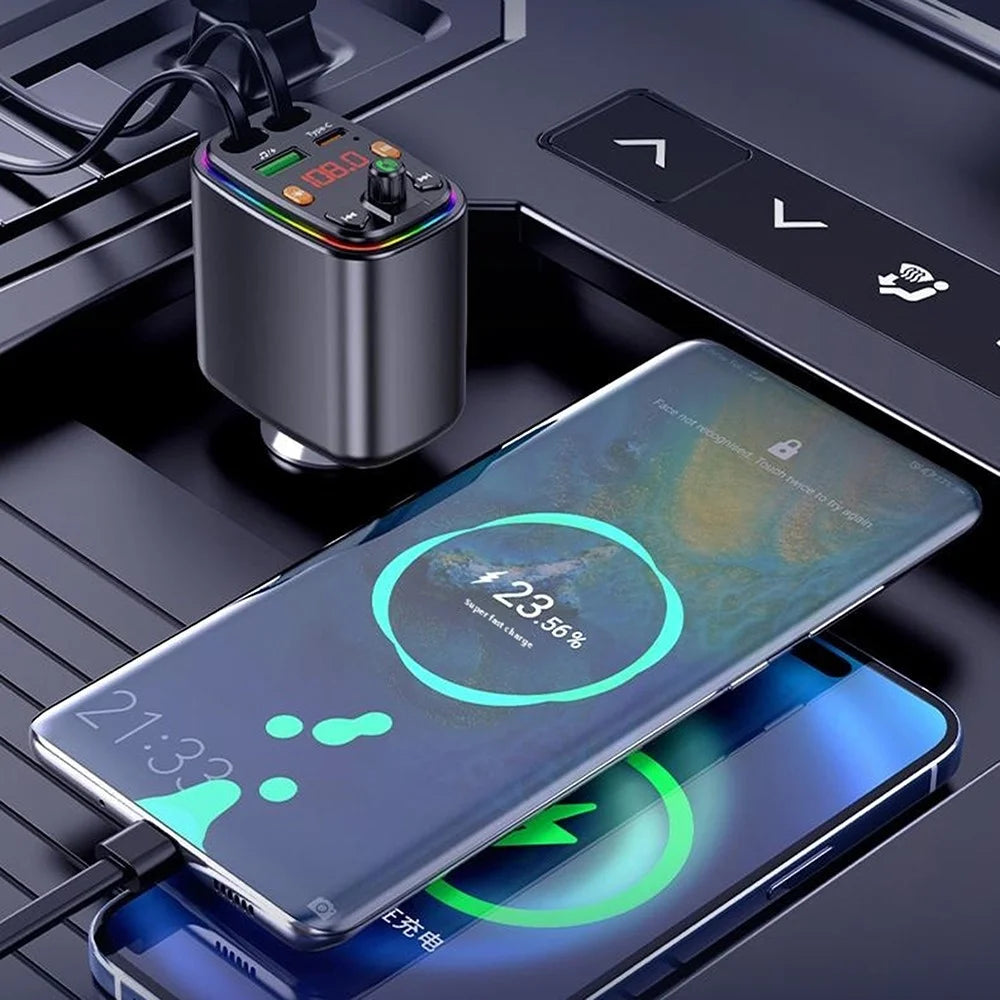 Y10 Car Charger FM Transmitter Bluetooth-Compatible MP3 Player with Retractable Type C + iP Cable - 6