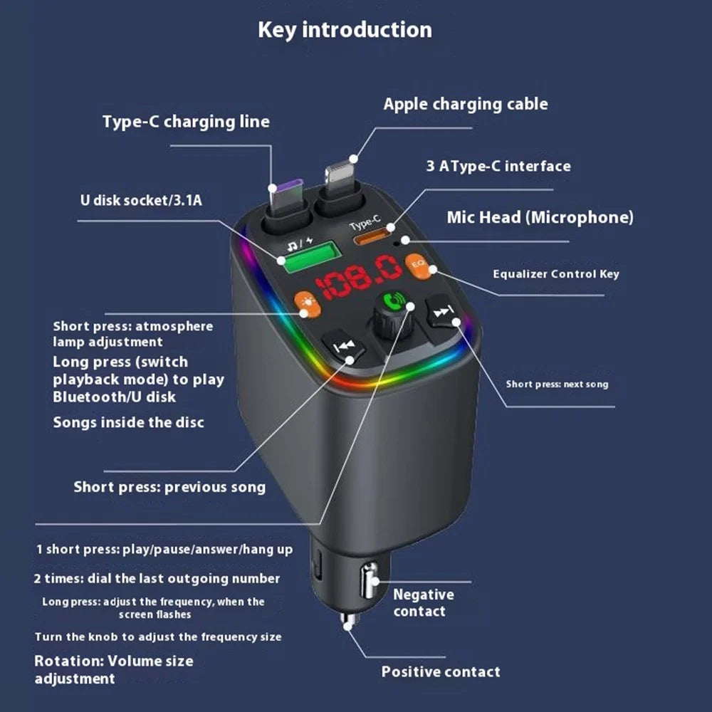 Y10 Car Charger FM Transmitter Bluetooth-Compatible MP3 Player with Retractable Type C + iP Cable - 7