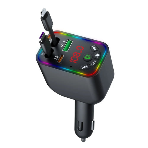 L5 Car Bluetooth-Compatible MP3 Player Hands Free Calling FM Transmitter Fast Charger with Retractable Type C + iP Cable - 1