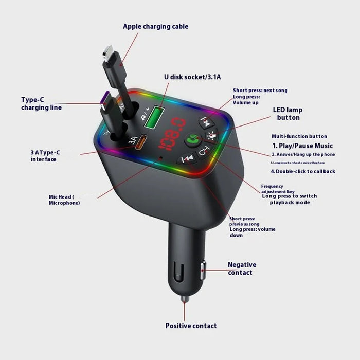 L5 Car Bluetooth-Compatible MP3 Player Hands Free Calling FM Transmitter Fast Charger with Retractable Type C + iP Cable - 2