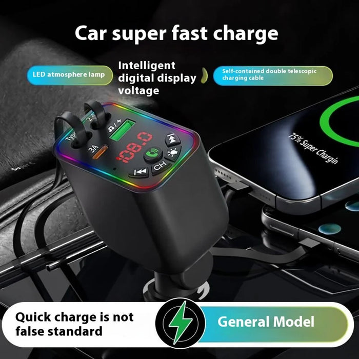 L5 Car Bluetooth-Compatible MP3 Player Hands Free Calling FM Transmitter Fast Charger with Retractable Type C + iP Cable - 5
