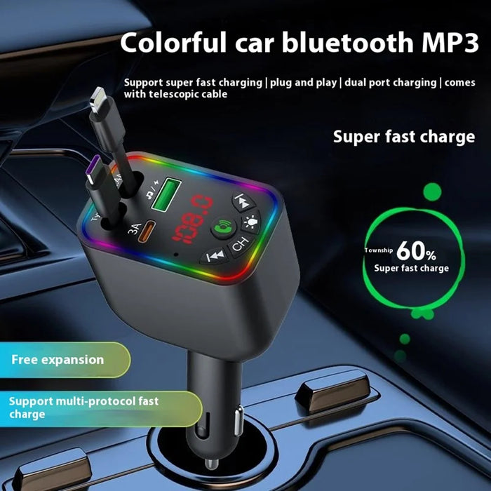 L5 Car Bluetooth-Compatible MP3 Player Hands Free Calling FM Transmitter Fast Charger with Retractable Type C + iP Cable - 6
