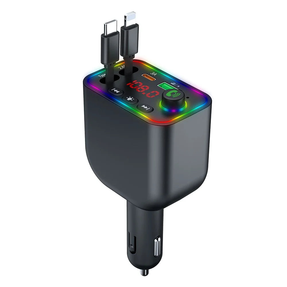 Y4 Car Charger Super Fast Charging Bluetooth-Compatible MP3 Player with Retractable Type C + iP Cable - 1