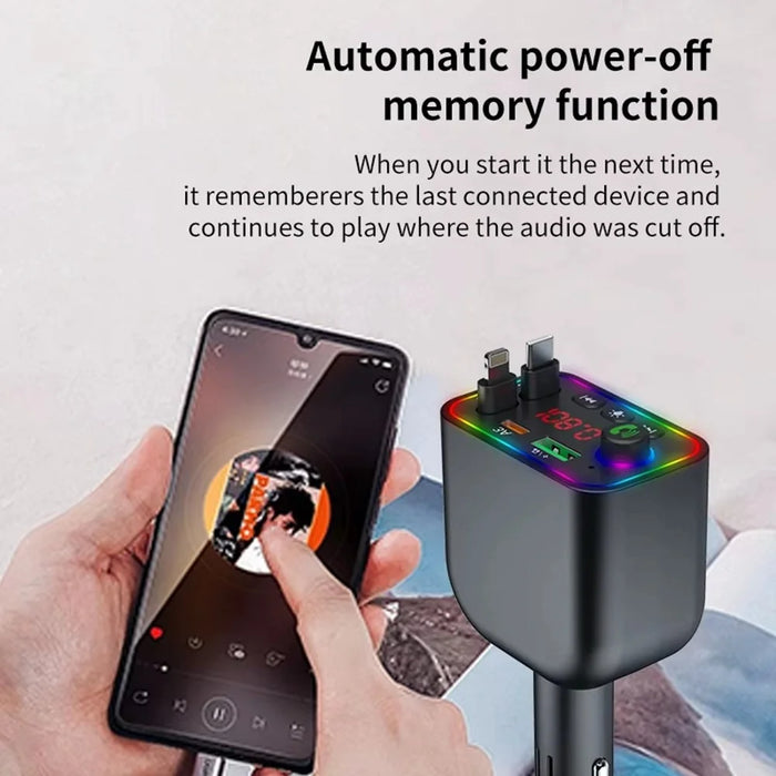 Y4 Car Charger Super Fast Charging Bluetooth-Compatible MP3 Player with Retractable Type C + iP Cable - 5