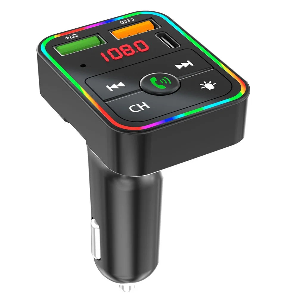 PDF2 USB A + Type C Car Fast Charger FM Transmitter Bluetooth-Compatible Hands Free Call MP3 Player with Ambient Light - 2