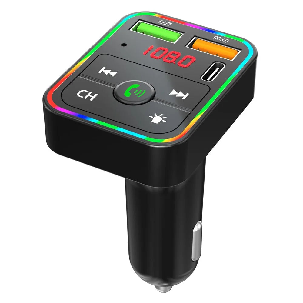 PDF2 USB A + Type C Car Fast Charger FM Transmitter Bluetooth-Compatible Hands Free Call MP3 Player with Ambient Light - 3