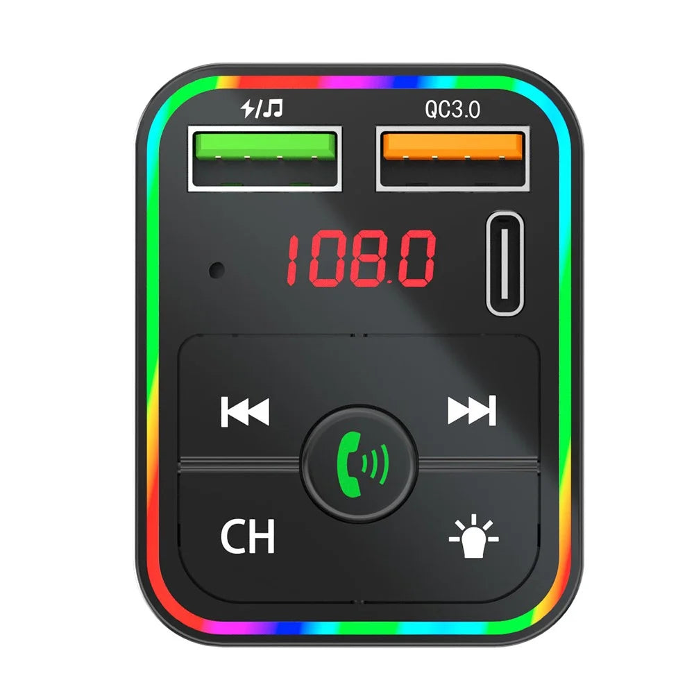 PDF2 USB A + Type C Car Fast Charger FM Transmitter Bluetooth-Compatible Hands Free Call MP3 Player with Ambient Light - 4