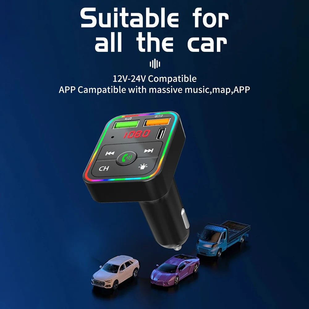 PDF2 USB A + Type C Car Fast Charger FM Transmitter Bluetooth-Compatible Hands Free Call MP3 Player with Ambient Light - 6