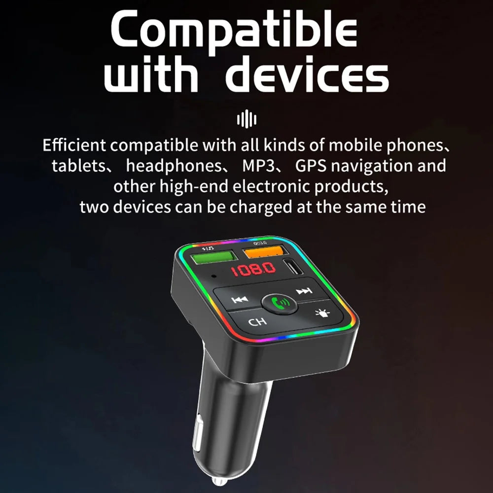 PDF2 USB A + Type C Car Fast Charger FM Transmitter Bluetooth-Compatible Hands Free Call MP3 Player with Ambient Light - 7