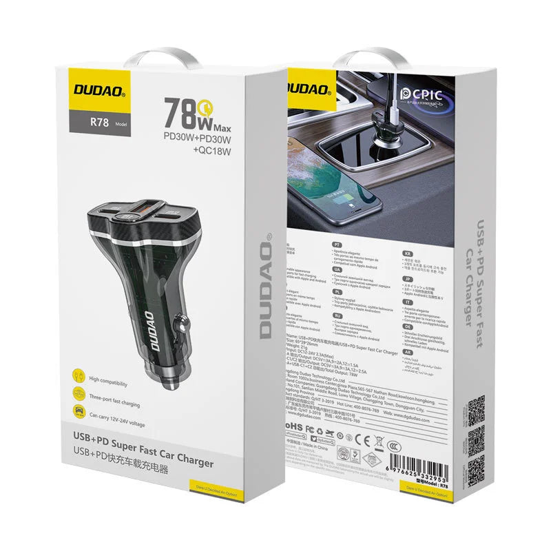 DUDAO R78 Car Charger 78W 3-Port QC3.0 USB-C PD 30W Super Fast Charging Cigarette Lighter Adapter for iPhone - 5