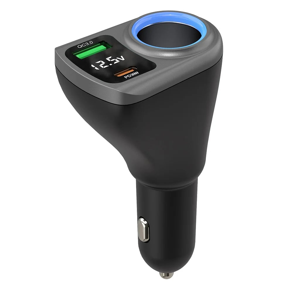 K29 Car Charger Adapter Fast Charging Digital Display 3 in 1 Cigarette Lighter Socket Splitter Charger - 1