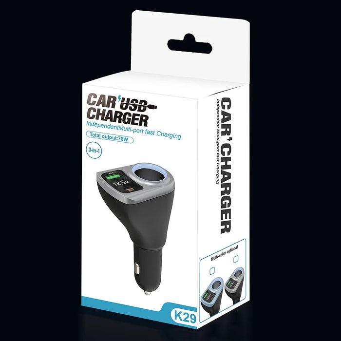K29 Car Charger Adapter Fast Charging Digital Display 3 in 1 Cigarette Lighter Socket Splitter Charger - 7