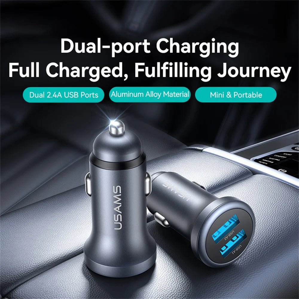 USAMS CC320 Car Charger Dual USB 2.4A Aluminum Alloy Mini Cigarette Lighter Charger for Vehicle - 2