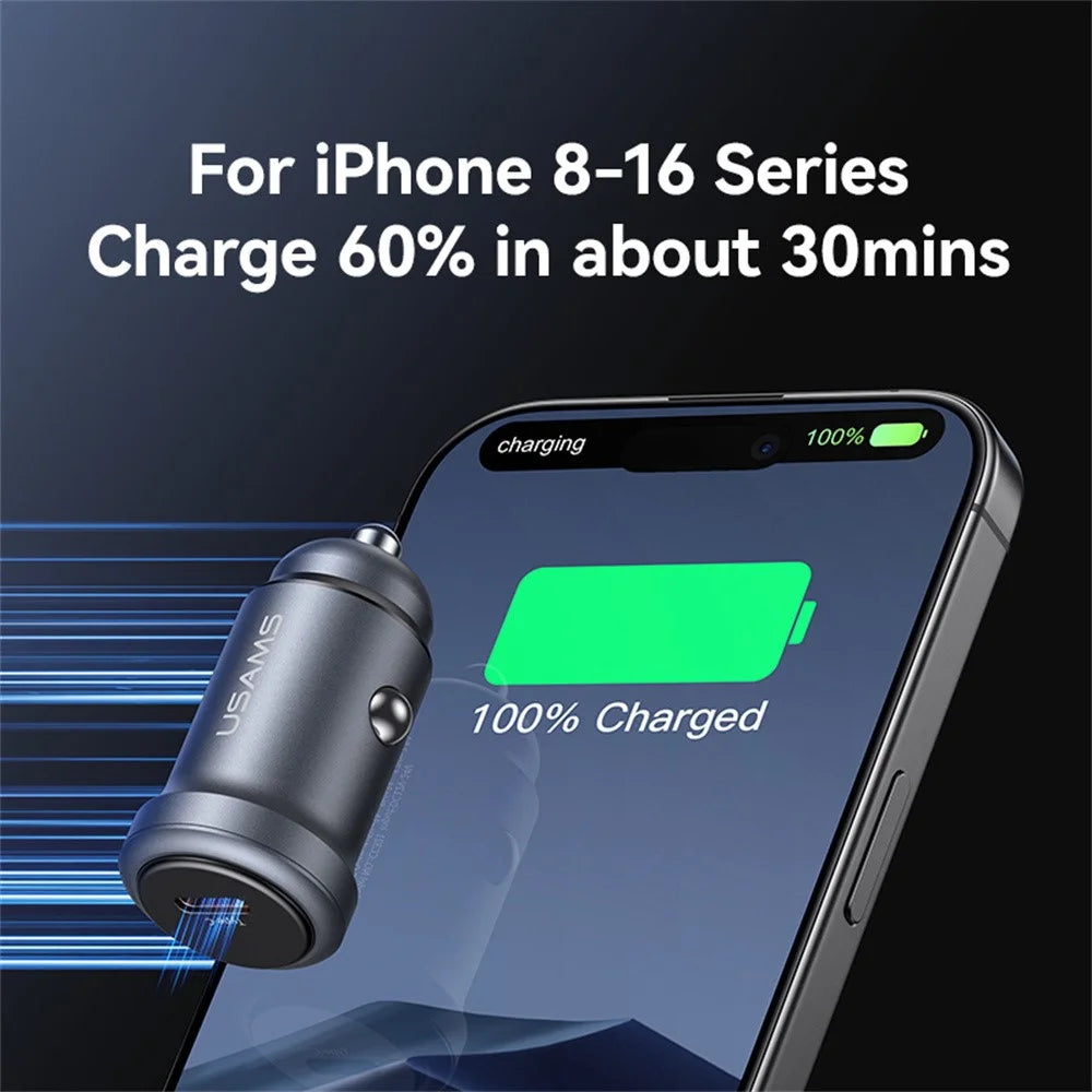 USAMS CC321 Car Charger PD 30W Fast Charging Single Port Aluminum Alloy Mini Cigarette Lighter Charger for Vehicle - 7