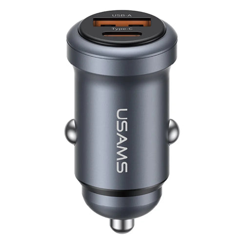 USAMS CC322 30W Car Charger USB-A + USB-C Aluminum Alloy Fast Charging Cigarette Lighter Charger for Vehicle - 1