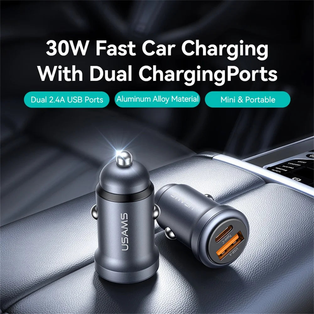 USAMS CC322 30W Car Charger USB-A + USB-C Aluminum Alloy Fast Charging Cigarette Lighter Charger for Vehicle - 3