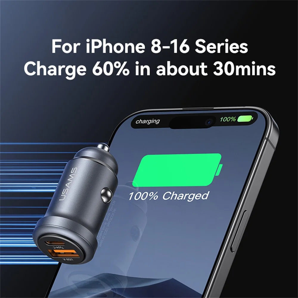 USAMS CC322 30W Car Charger USB-A + USB-C Aluminum Alloy Fast Charging Cigarette Lighter Charger for Vehicle - 7