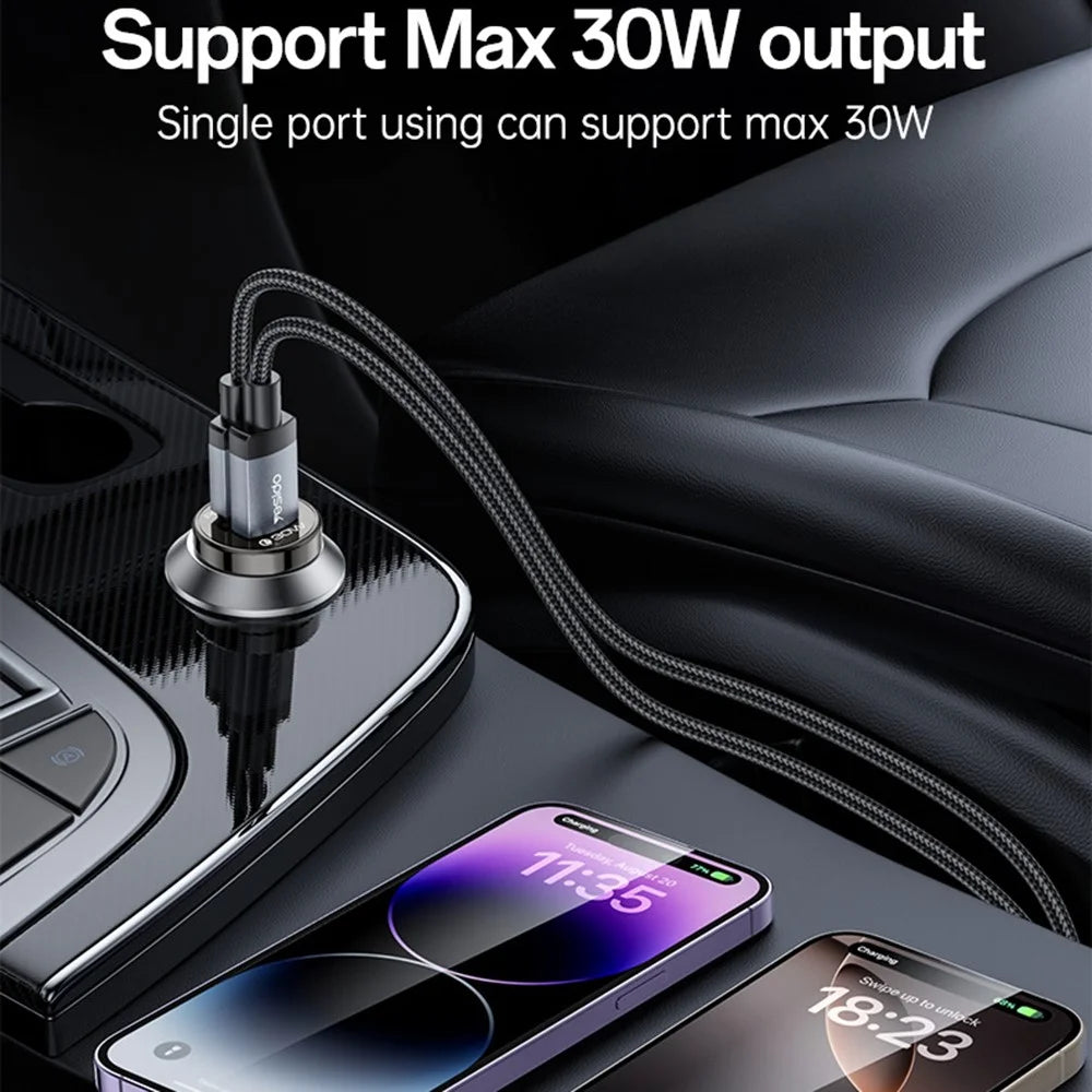 YESIDO Y73 30W Fast Car Charger Dual Port USB-A + USB-C with Type-C to iP Cable - 3
