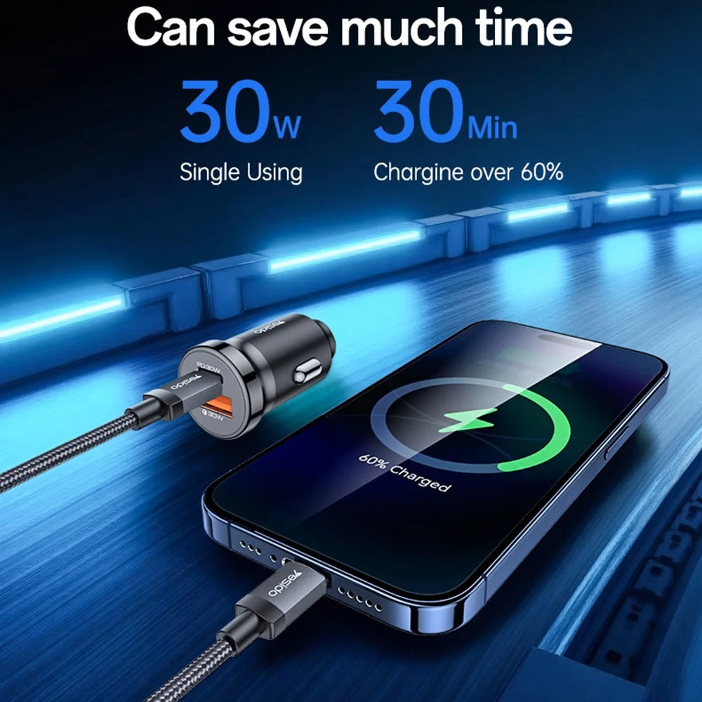 YESIDO Y73 30W Fast Car Charger Dual Port USB-A + USB-C with Type-C to iP Cable - 4