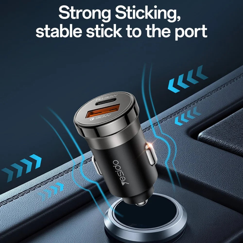 YESIDO Y73 30W Fast Car Charger Dual Port USB-A + USB-C with Type-C to iP Cable - 5