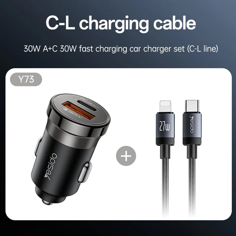 YESIDO Y73 30W Fast Car Charger Dual Port USB-A + USB-C with Type-C to iP Cable - 7