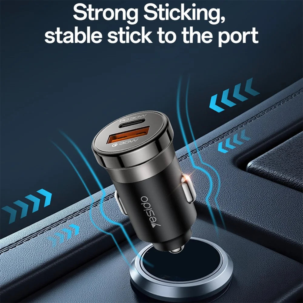 YESIDO Y72 30W Fast Car Charger Dual Port USB-A + USB-C with Type-C to Type-C Cable - 3