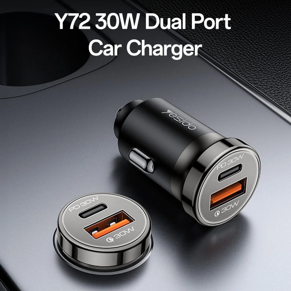 YESIDO Y72 30W Fast Car Charger Dual Port USB-A + USB-C with Type-C to Type-C Cable - 5