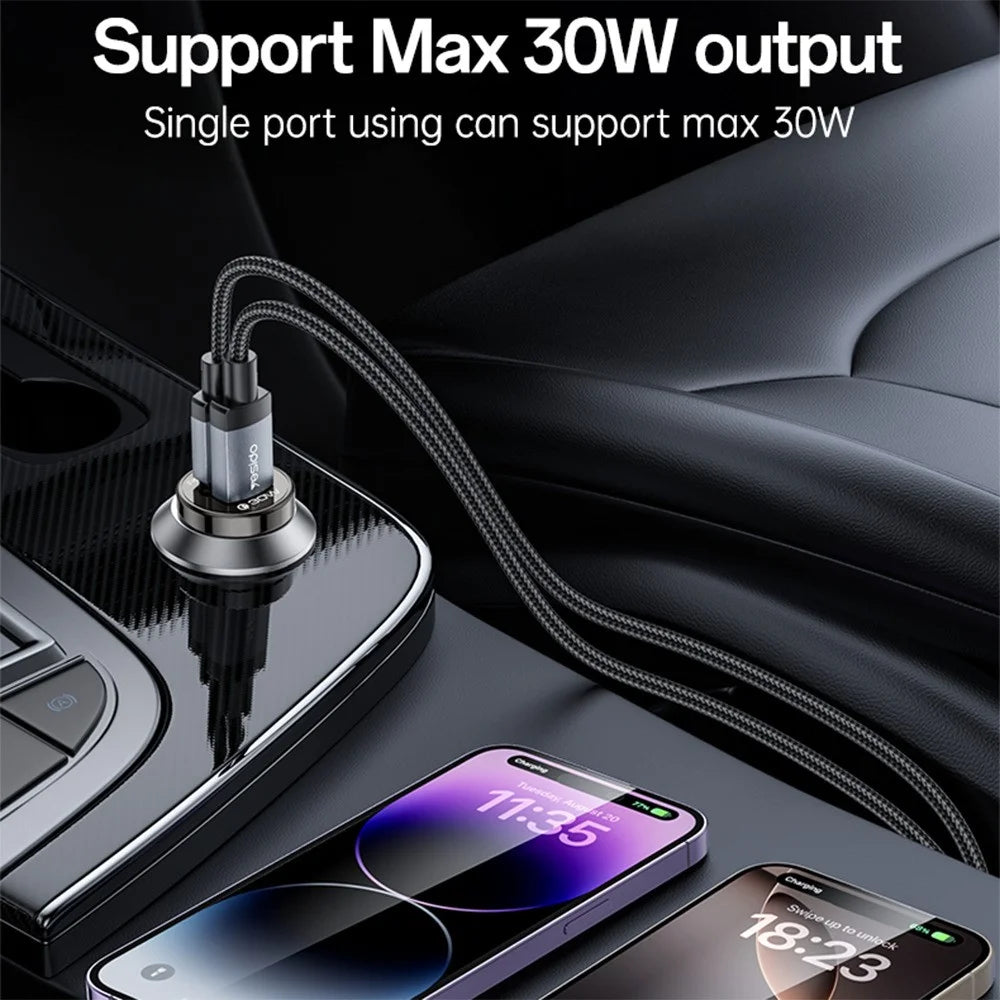 YESIDO Y72 30W Fast Car Charger Dual Port USB-A + USB-C with Type-C to Type-C Cable - 6