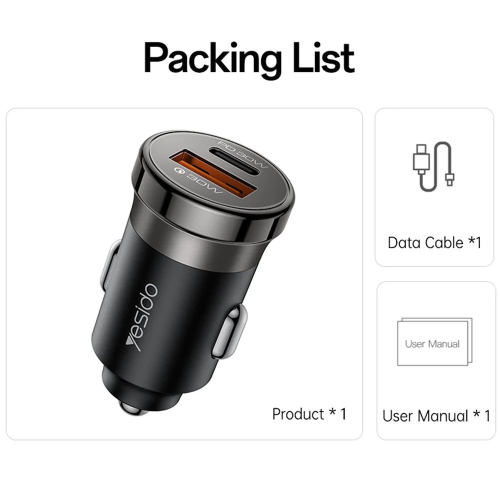 YESIDO Y72 30W Fast Car Charger Dual Port USB-A + USB-C with Type-C to Type-C Cable - 7