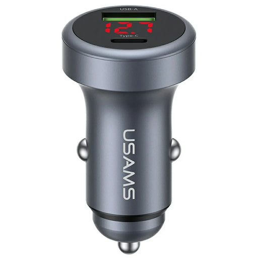 USAMS CC327 C44 USB-A + Type-C Dual Port Car Charger 45W Fast Charging Aluminum Alloy Power Adapter with Voltage Display - 1