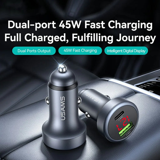 USAMS CC327 C44 USB-A + Type-C Dual Port Car Charger 45W Fast Charging Aluminum Alloy Power Adapter with Voltage Display - 2