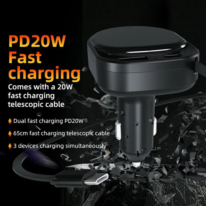 K8 USB-A + USB-C Dual Port Car Charger PD 20W + QC 18W Fast Charger with Retractable Type C Cable - Black - 2