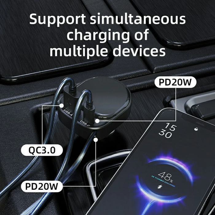 K8 USB-A + USB-C Dual Port Car Charger PD 20W + QC 18W Fast Charger with Retractable Type C Cable - Black - 4