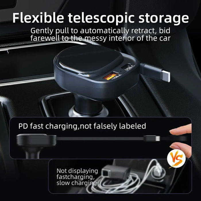 K8 USB-A + USB-C Dual Port Car Charger PD 20W + QC 18W Fast Charger with Retractable Type C Cable - Black - 5