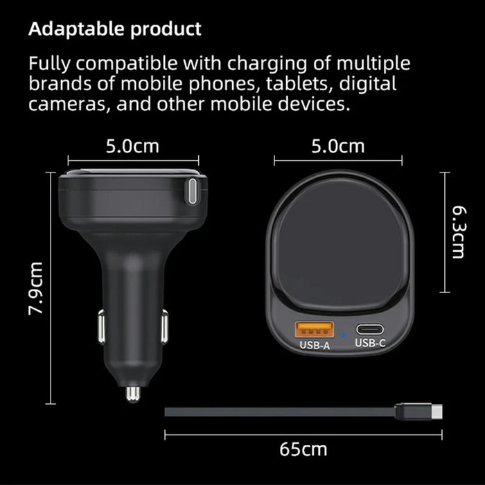 K8 USB-A + USB-C Dual Port Car Charger PD 20W + QC 18W Fast Charger with Retractable Type C Cable - Black - 7