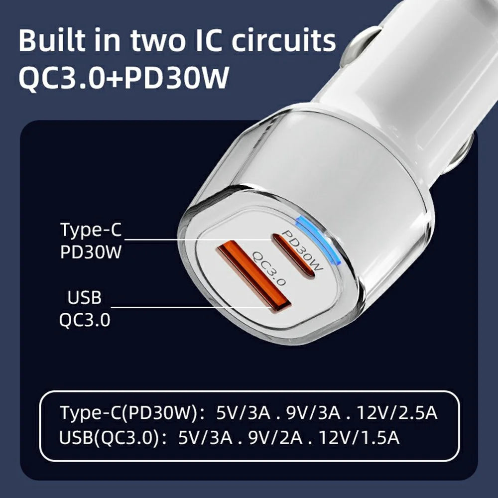 A6 USB + Type-C Dual Port Car Charger QC3.0 + PD 30W Fast Charger with Ambient Light for Phone / Tablet - 3