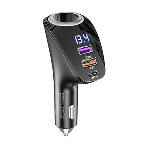 AZEADA AZ-C02 Type-C + 2 USB-A Car Cigarette Lighter Charger 36W Fast Charging Adapter with LED Display - Black - 1