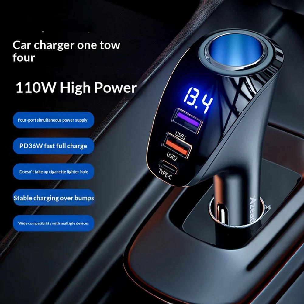 AZEADA AZ-C02 Type-C + 2 USB-A Car Cigarette Lighter Charger 36W Fast Charging Adapter with LED Display - Black - 2